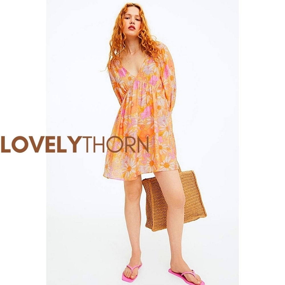 H&M // retro 70's floral print plunge open back puff sleeve mini dress - Picture 2 of 7